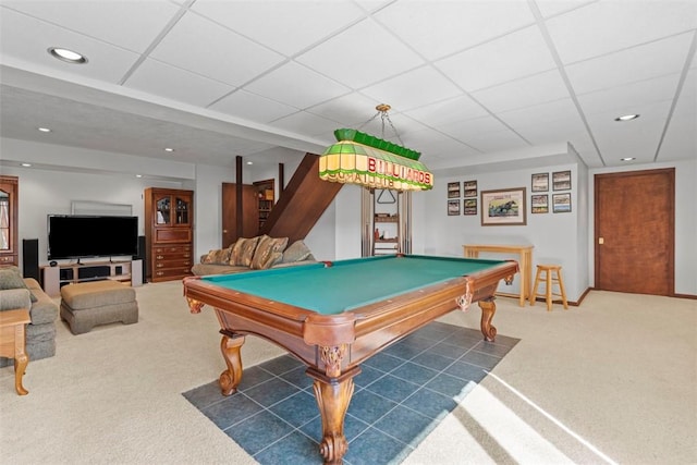 playroom featuring a drop ceiling, recessed lighting, billiards, and carpet