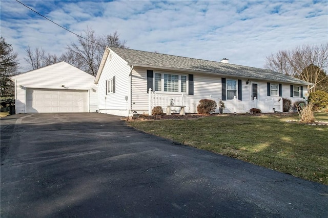 single story home featuring a front yard, an outdoor structure, and a chimney