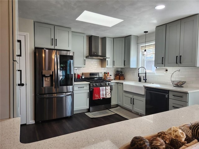 kitchen featuring gray cabinetry, a sink, tasteful backsplash, stainless steel appliances, and wall chimney exhaust hood