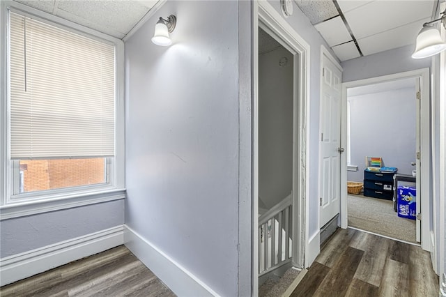 corridor with baseboards, a paneled ceiling, and dark wood-style floors