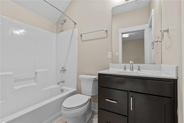 full bathroom featuring vanity, shower / tub combination, toilet, and lofted ceiling