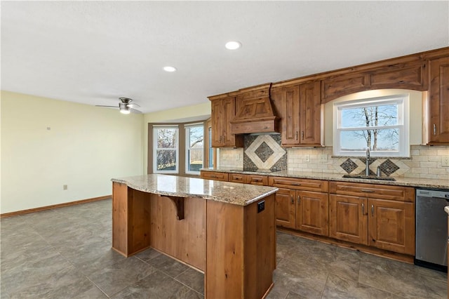 kitchen with a sink, backsplash, black electric stovetop, premium range hood, and stainless steel dishwasher