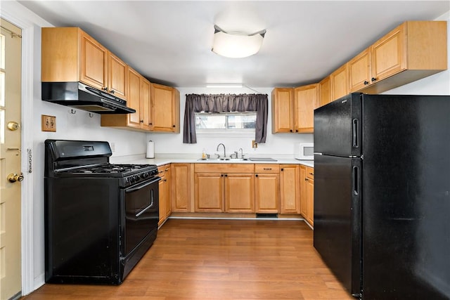 kitchen featuring under cabinet range hood, wood finished floors, black appliances, and a sink