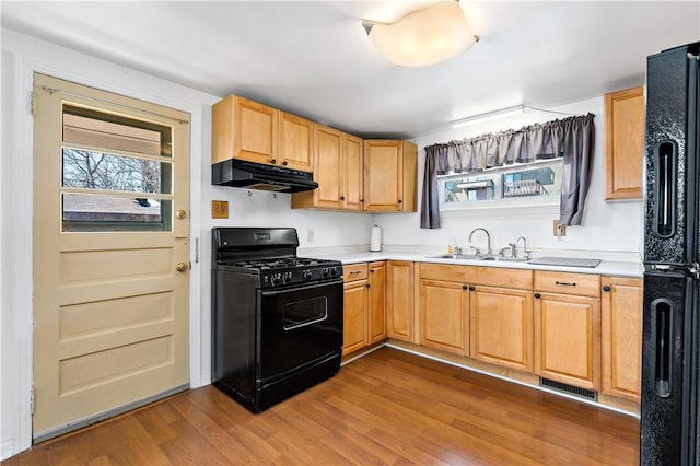 kitchen with under cabinet range hood, wood finished floors, black appliances, and a wealth of natural light