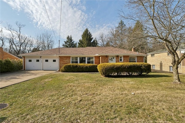 ranch-style house with a front yard, an attached garage, brick siding, and driveway