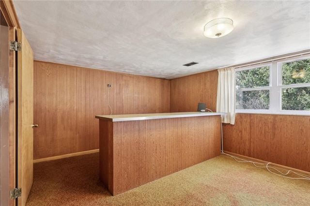 bar with visible vents, carpet floors, and wood walls