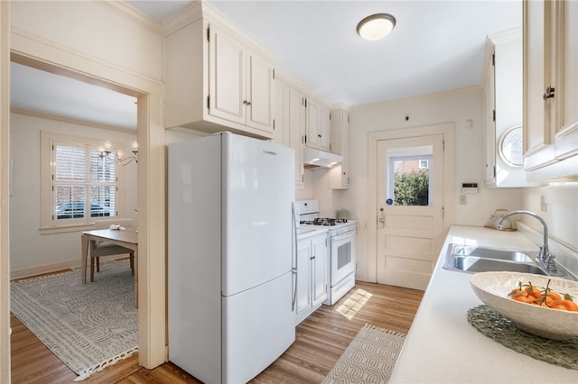 kitchen featuring under cabinet range hood, a sink, white appliances, light wood finished floors, and light countertops