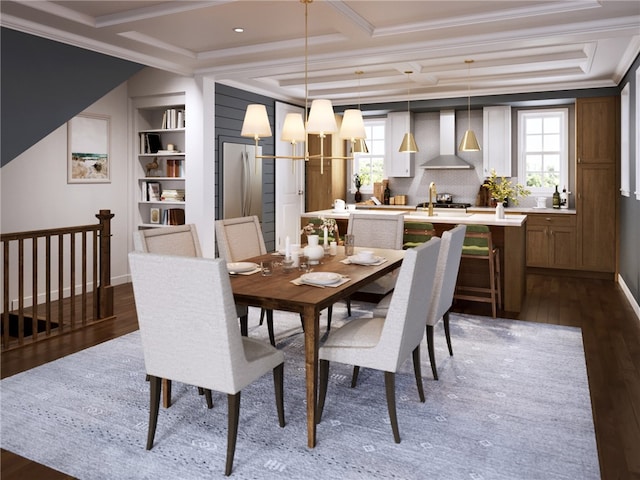 dining area featuring dark wood-type flooring, crown molding, baseboards, and coffered ceiling