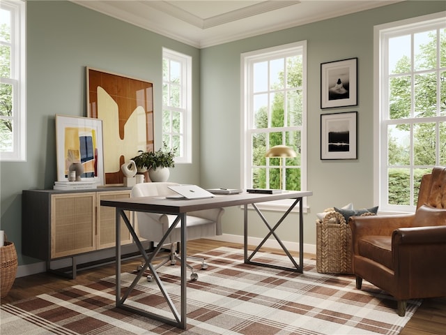 office space featuring baseboards, a healthy amount of sunlight, light wood-style flooring, and crown molding