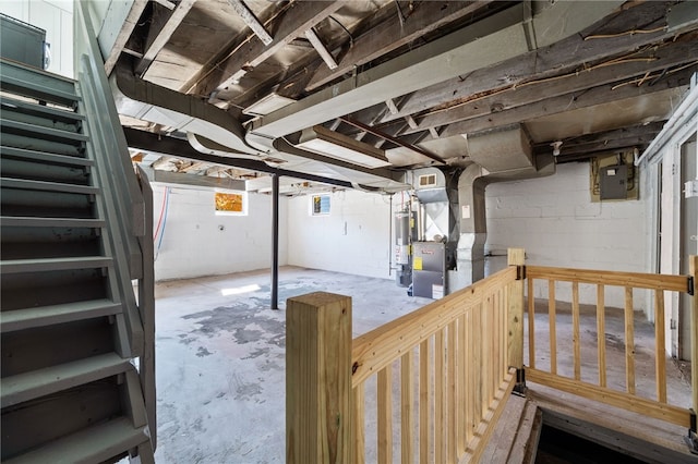 47 Bellanca Ave, Brentwood, PA 15227 - basement featuring visible vents, electric panel, heating unit, water heater, and stairs