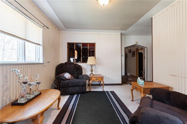 living area featuring carpet flooring