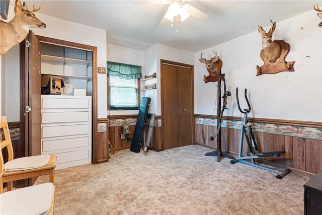 exercise room with wooden walls, a wainscoted wall, and carpet floors