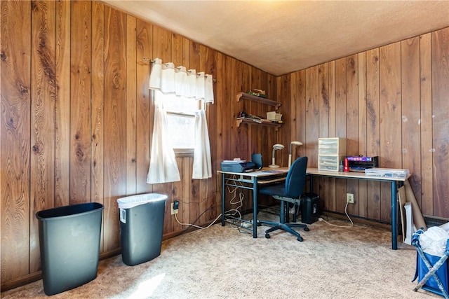 carpeted office space with wooden walls