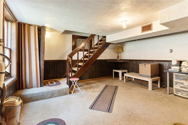 below grade area featuring wooden walls, visible vents, wainscoting, a textured ceiling, and carpet flooring