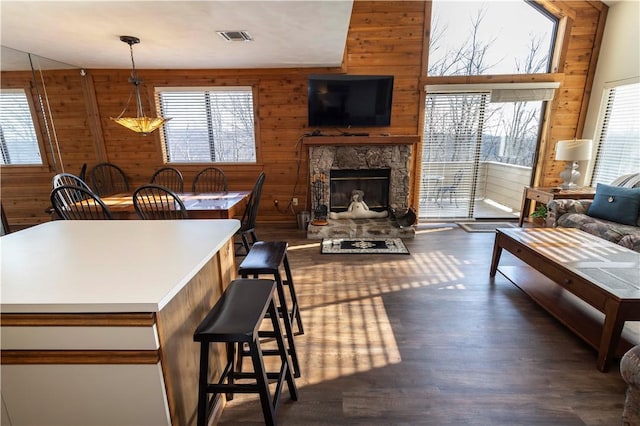 dining area with a wealth of natural light and wood walls