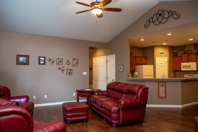 living area featuring ceiling fan, baseboards, vaulted ceiling, recessed lighting, and dark wood-style flooring