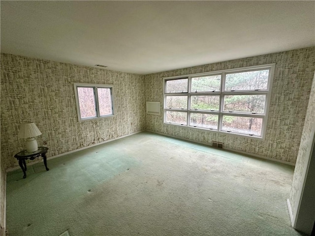 carpeted spare room with visible vents and plenty of natural light