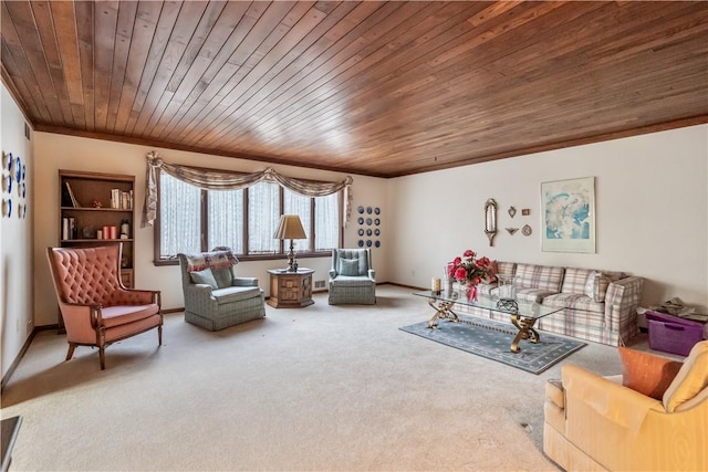 carpeted living room featuring baseboards, wood ceiling, and ornamental molding