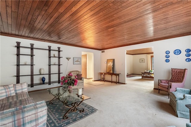 living area featuring carpet flooring, wood ceiling, baseboards, and ornamental molding