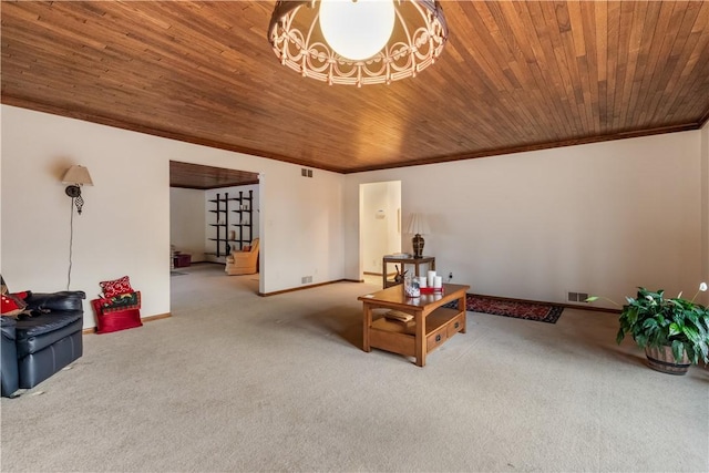 living area with visible vents, ornamental molding, carpet floors, baseboards, and wood ceiling