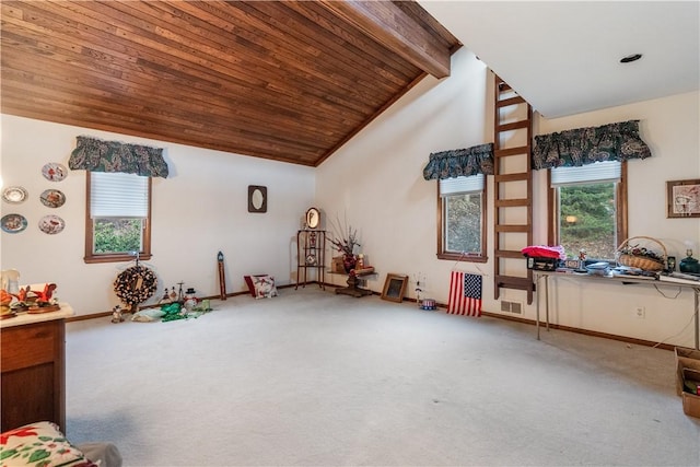 rec room with beamed ceiling, carpet, wood ceiling, and high vaulted ceiling