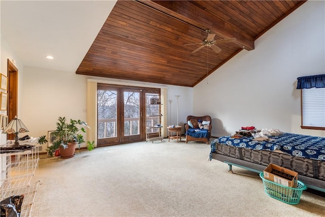 bedroom featuring carpet, beamed ceiling, recessed lighting, wooden ceiling, and french doors