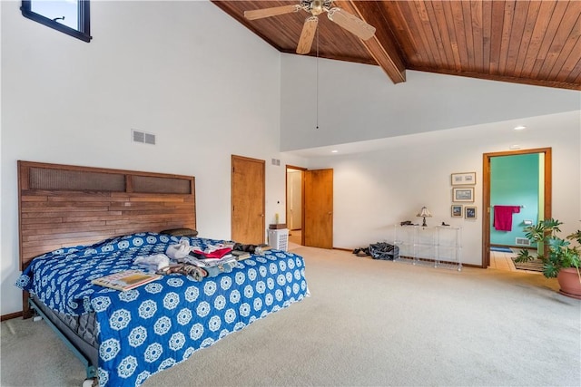 carpeted bedroom featuring lofted ceiling with beams, visible vents, wood ceiling, and a ceiling fan