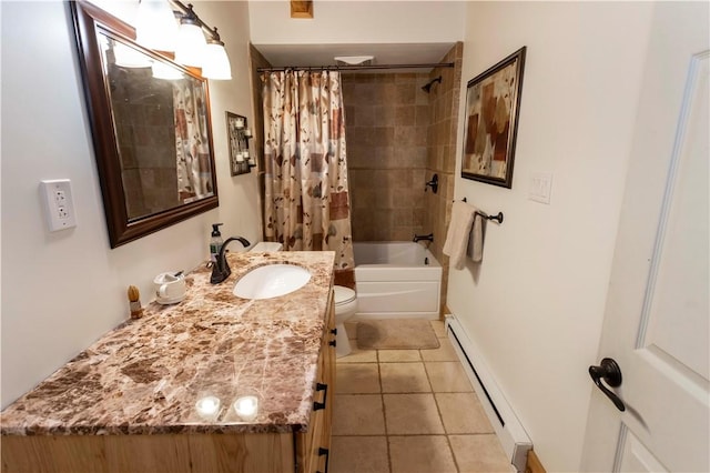 bathroom with a baseboard radiator, toilet, tile patterned floors, vanity, and shower / bathtub combination with curtain