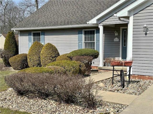 view of side of home with roof with shingles