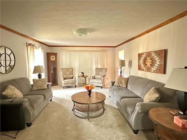 carpeted living room featuring a textured ceiling and ornamental molding