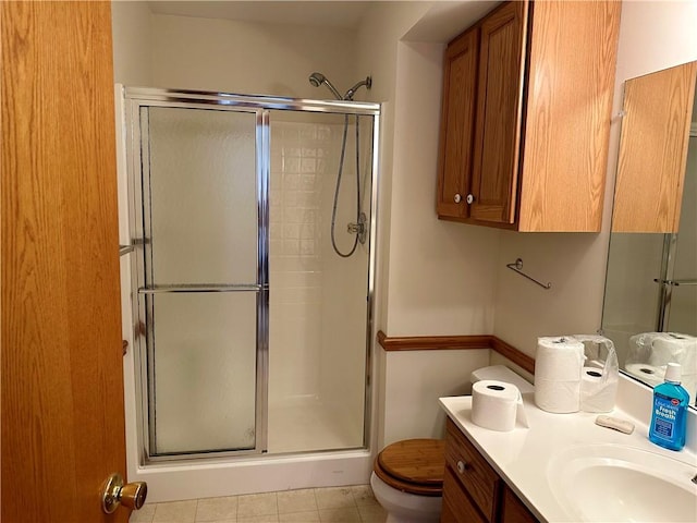 bathroom with a stall shower, toilet, and vanity