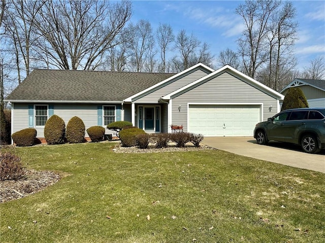 single story home featuring a garage, driveway, a front yard, and roof with shingles