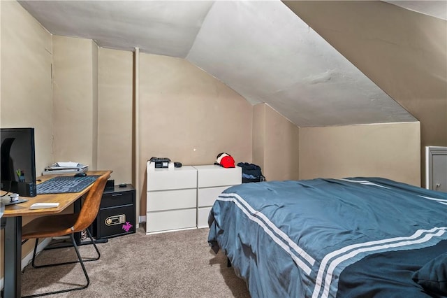 bedroom featuring carpet and vaulted ceiling