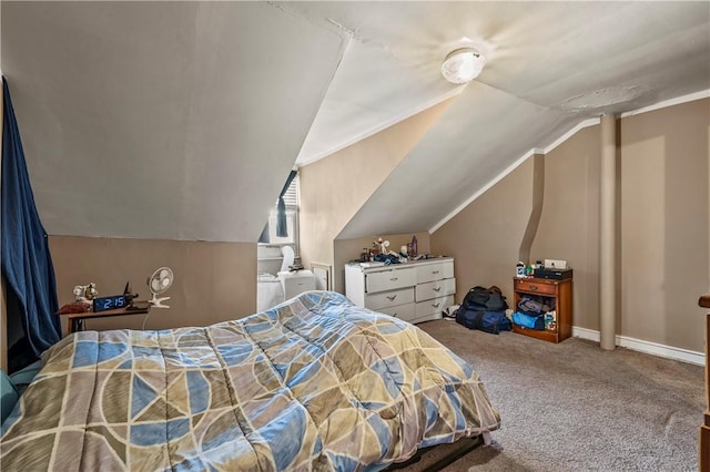 bedroom featuring vaulted ceiling, carpet flooring, and baseboards