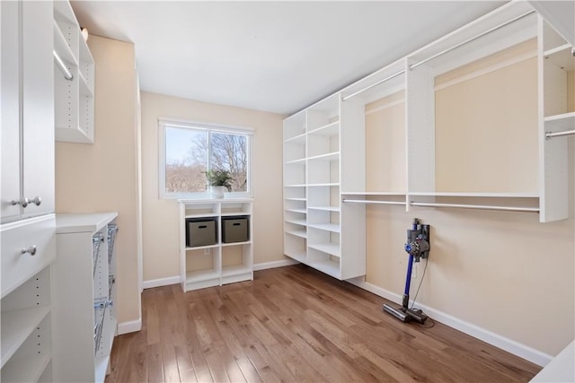 walk in closet with light wood finished floors