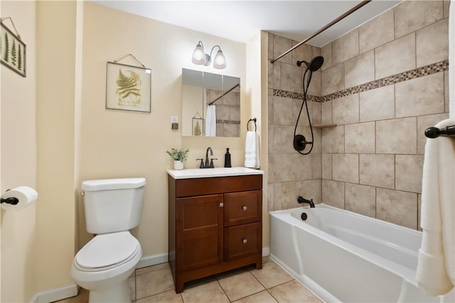 bathroom with tile patterned floors, toilet, shower / tub combination, baseboards, and vanity