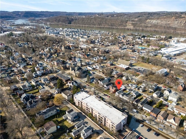 drone / aerial view featuring a water view