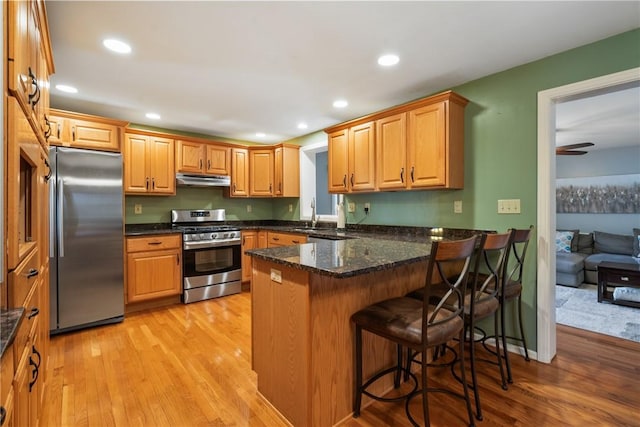 kitchen featuring light wood-style flooring, appliances with stainless steel finishes, a peninsula, and a sink