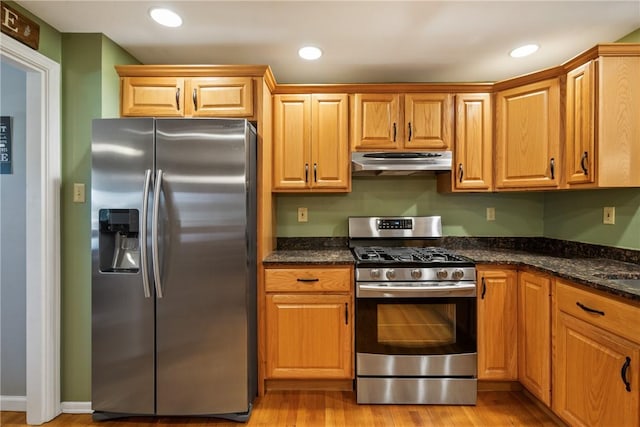 kitchen featuring under cabinet range hood, stainless steel appliances, recessed lighting, and light wood finished floors