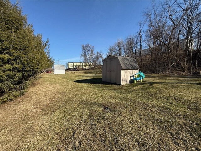 view of yard featuring a storage shed and an outdoor structure