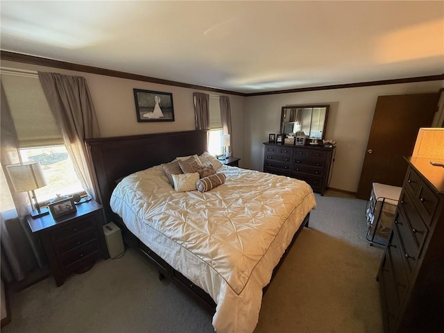 carpeted bedroom featuring ornamental molding