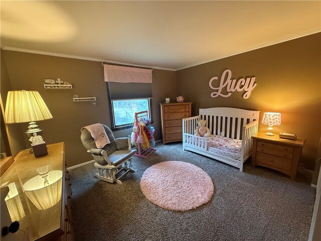 bedroom with baseboards, carpet, and ornamental molding