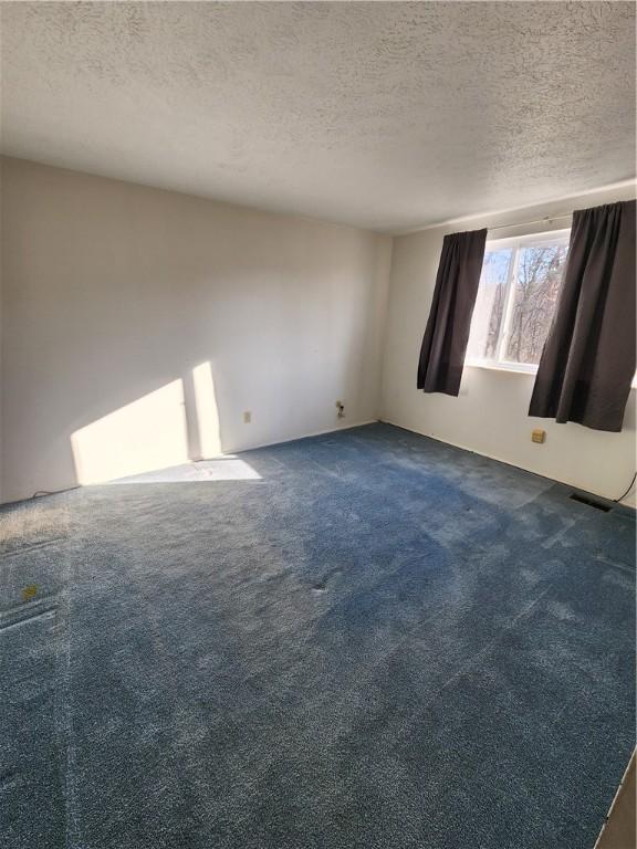 carpeted empty room with visible vents and a textured ceiling