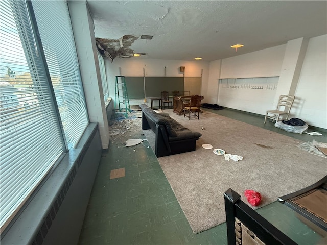 living room featuring radiator heating unit and a textured ceiling