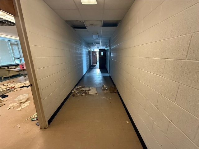 hallway with a drop ceiling and concrete block wall