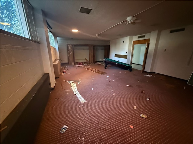 interior space featuring visible vents, ceiling fan, and pool table