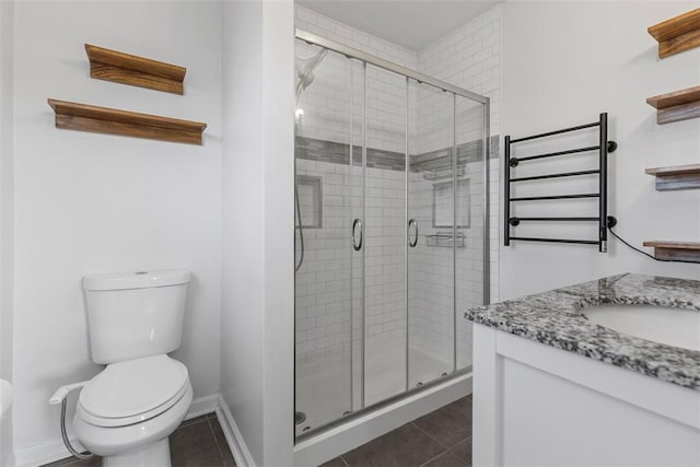 bathroom with toilet, tile patterned floors, radiator heating unit, and a shower stall