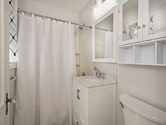 bathroom featuring vanity, a shower with shower curtain, and toilet