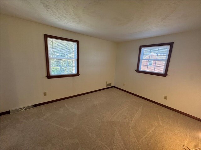 empty room with visible vents, plenty of natural light, and light colored carpet