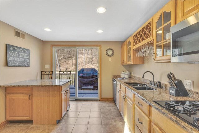 kitchen with light stone countertops, visible vents, a sink, stainless steel appliances, and glass insert cabinets